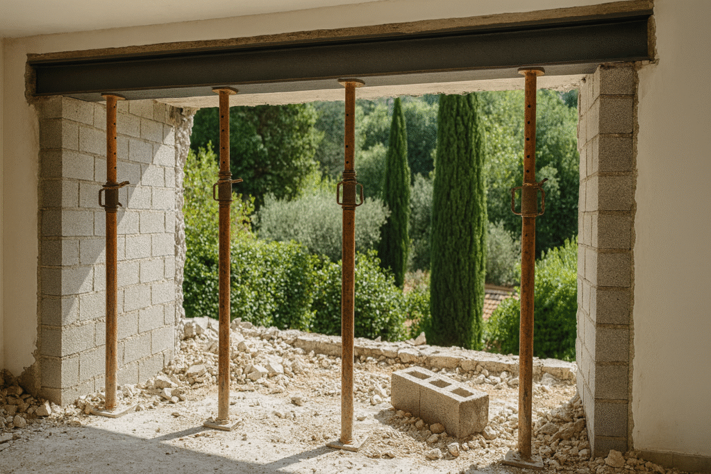 Création d’une ouverture dans un mur porteur en agglos gris avec étaiement et IPN métallique.