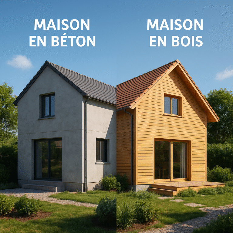 Comparaison entre une maison en béton moderne et une maison en bois traditionnelle, mises côte à côte pour illustrer les différences de matériaux et d’architecture.