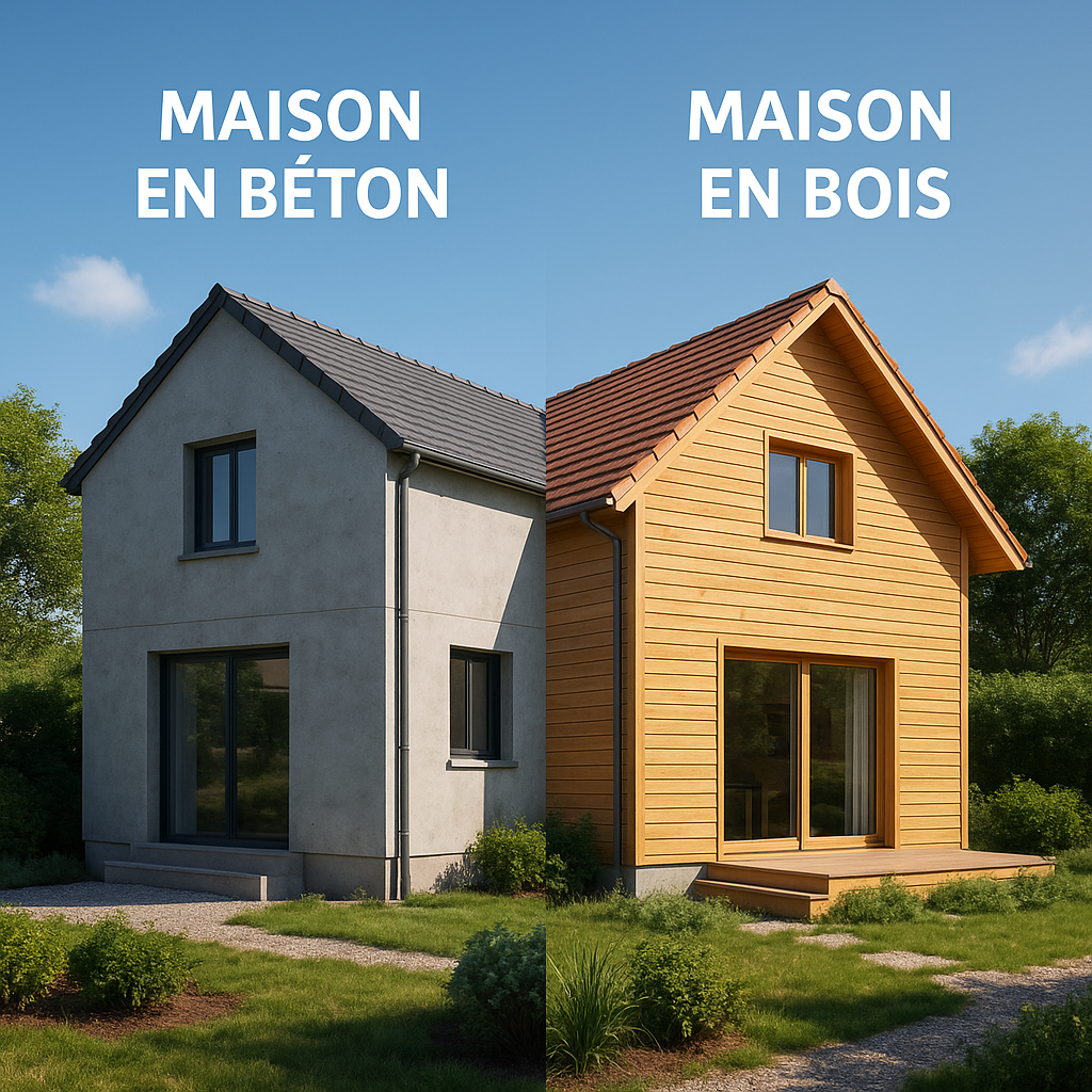 Comparaison entre une maison en béton moderne et une maison en bois traditionnelle, mises côte à côte pour illustrer les différences de matériaux et d’architecture.