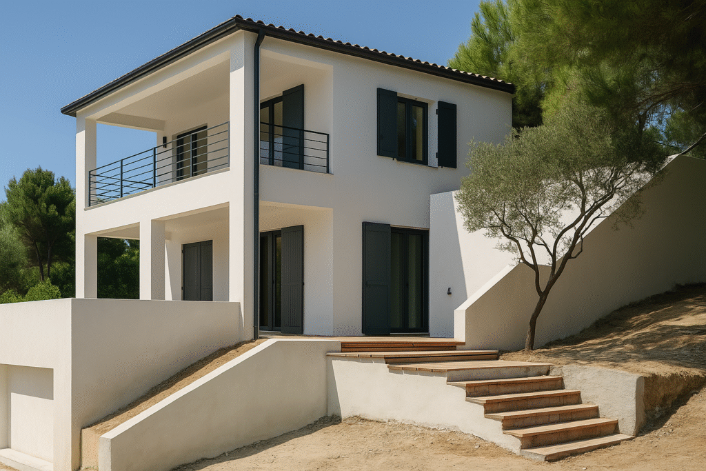 Maison rénovée de style contemporain avec façade blanche, menuiseries sombres et escaliers extérieurs, située sur un terrain en pente.