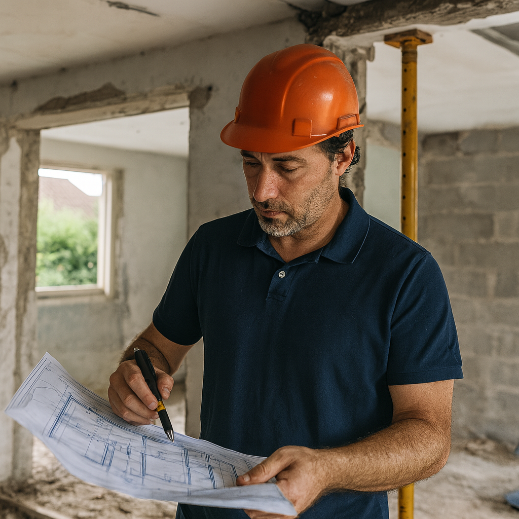 Chef de chantier étudiant les plans d’une rénovation personnalisée dans le Var