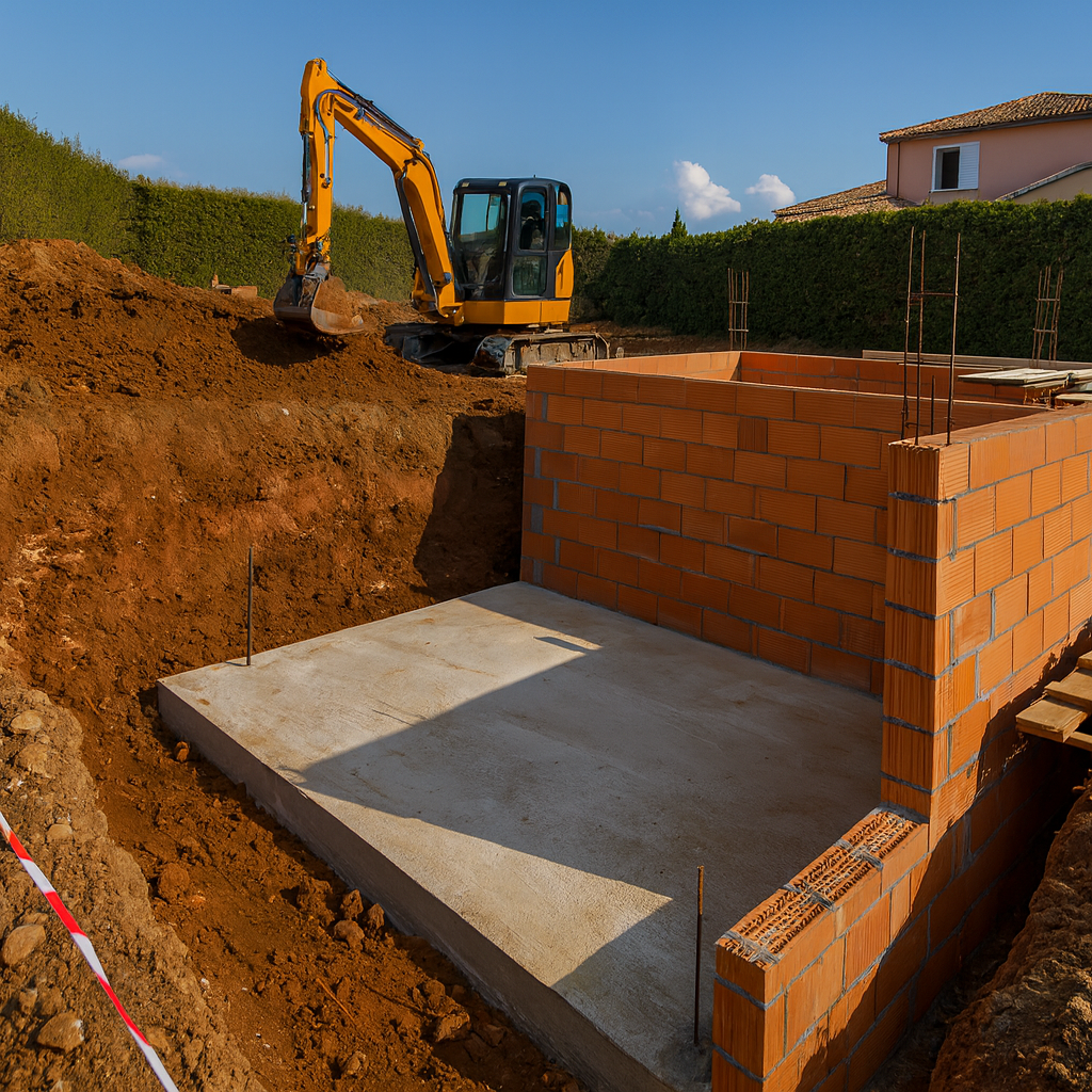 Chantier de garage en cours avec élévation des murs en blocs béton – DPconstruction83