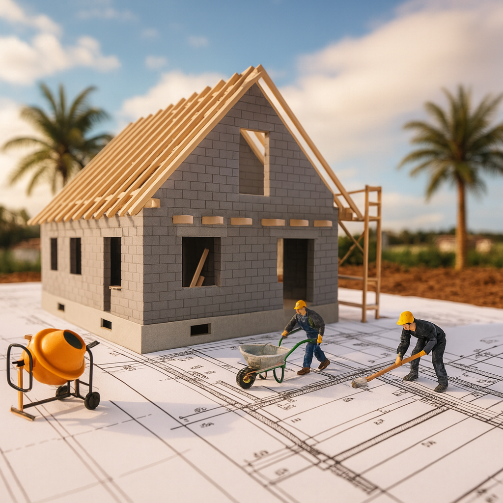 Chantier de maison en cours avec plan de construction et ouvriers simulés – DPconstruction83, spécialiste du gros œuvre à Toulon.