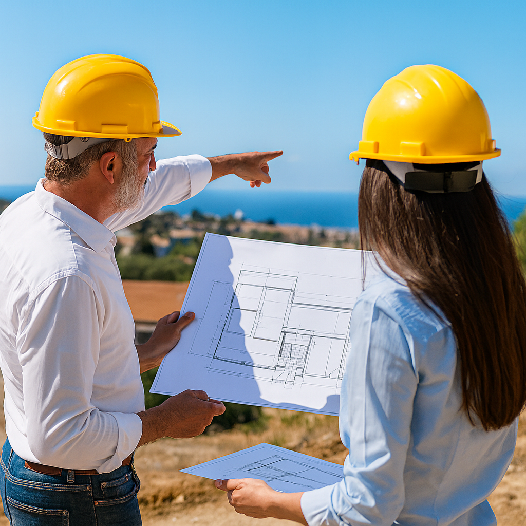 Deux professionnels du bâtiment étudient un plan de construction de garage sur un terrain en pente, sous le soleil du Var.