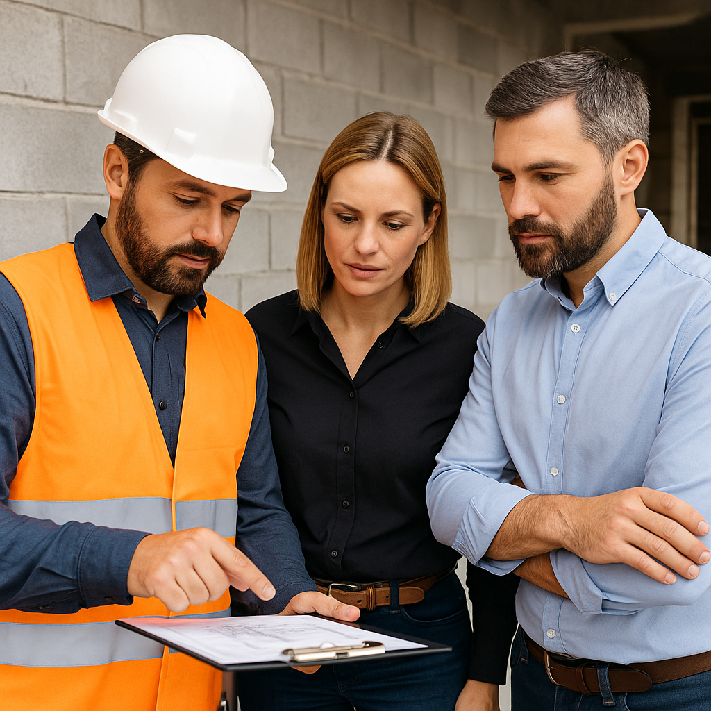 Professionnel de la construction conseillant un couple de clients sur un chantier en agglos gris, autour de plans de travail.