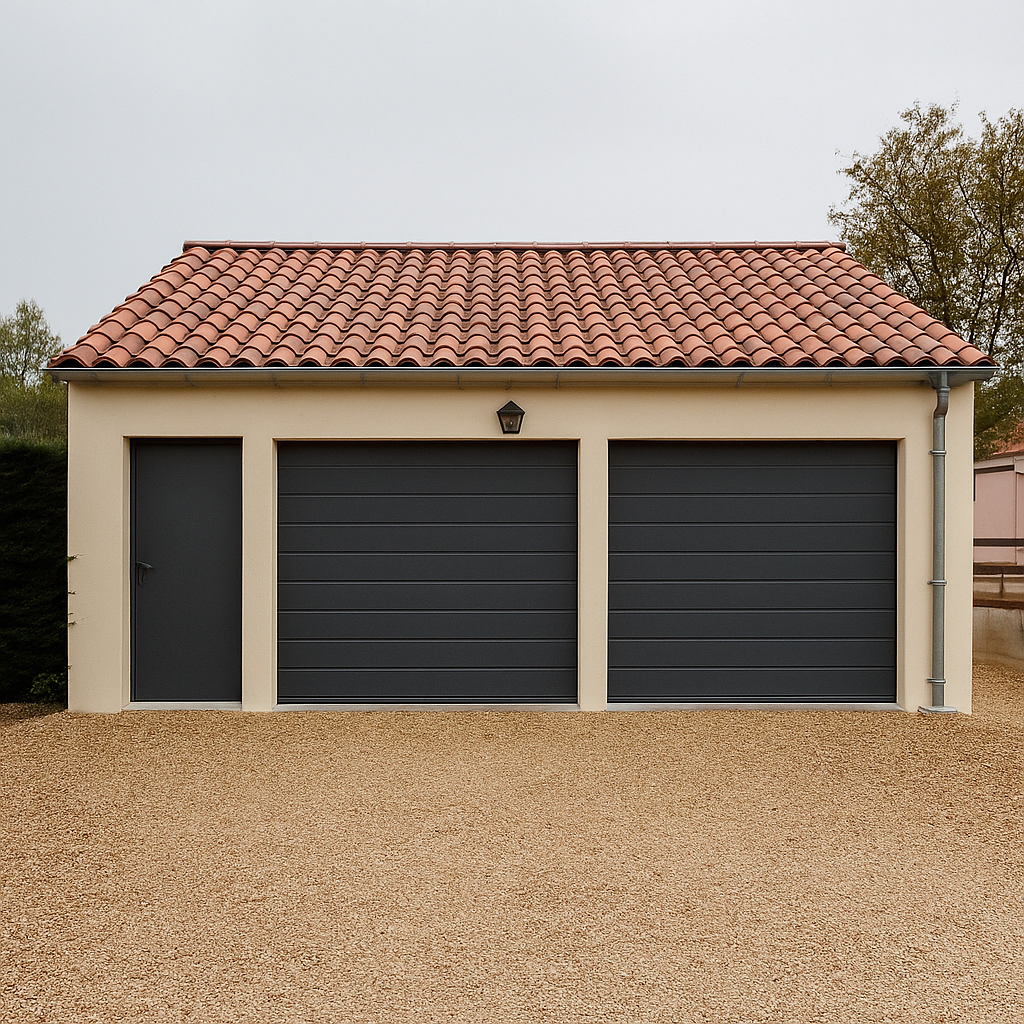 Garage double moderne en béton avec toiture en tuiles, idéal pour un usage modulable