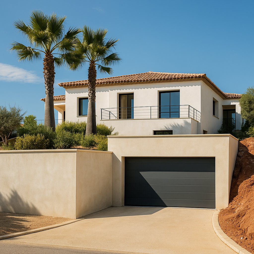 Garage enterré en béton sous une villa méditerranéenne moderne et luxueuse, en plein soleil