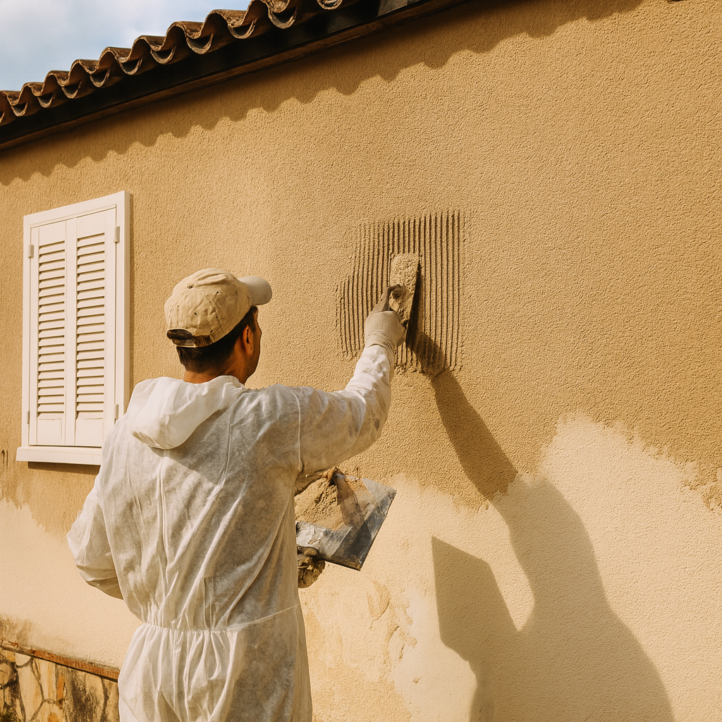 Artisan appliquant un enduit de façade lors d’un ravalement extérieur à Toulon dans le Var