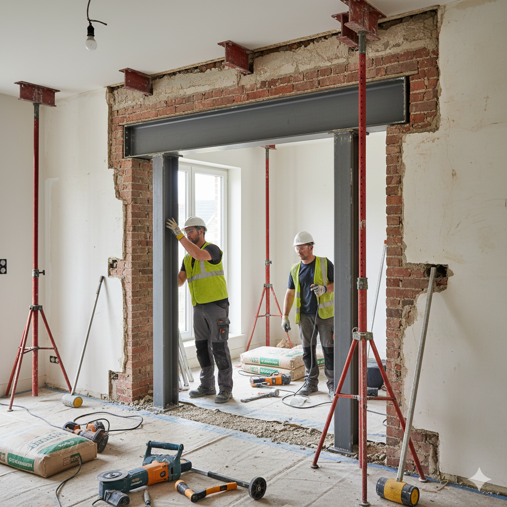 Photo hyper réaliste d'une ouverture de mur porteur avec pose d'IPN et étais de sécurité sur un chantier à La Valette-du-Var. Des ouvriers du BTP travaillent à la transformation structurelle d'une maison dans le Var.