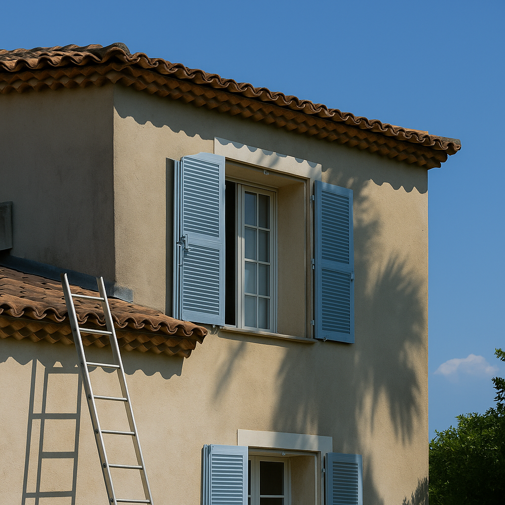 Façade ensoleillée d’une villa méditerranéenne avec volets bleus à Toulon – rénovation extérieure par DPconstruction83