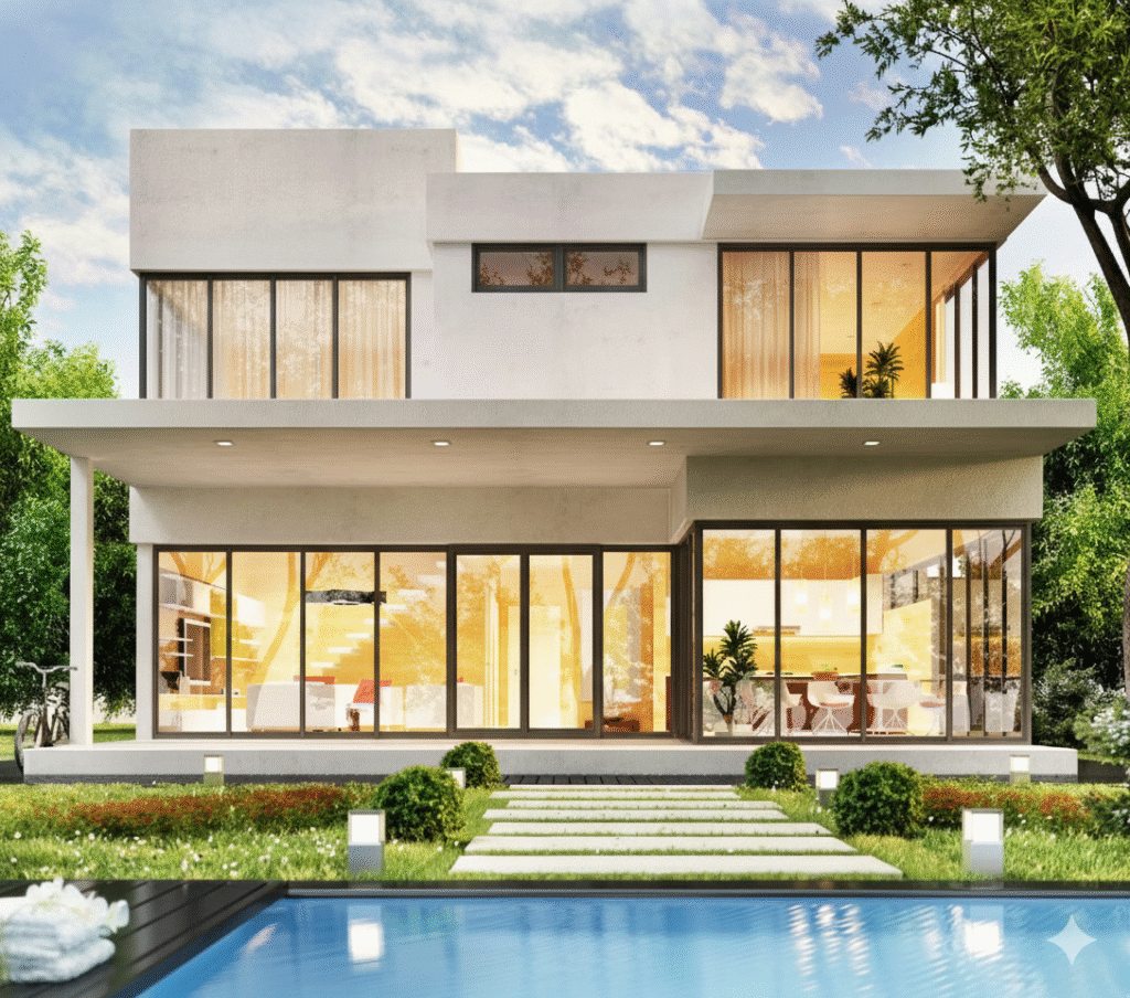 Surélévation moderne d’une villa contemporaine à façade taupe, avec baies vitrées et piscine